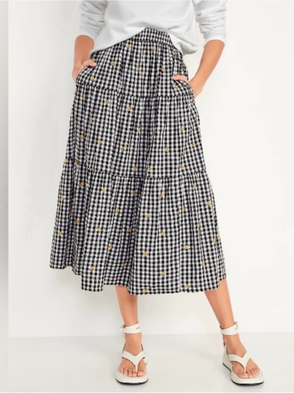 Old Navy Black & White Gingham Tiered Midi Skirt Yellow Floral Embroidery Lrg